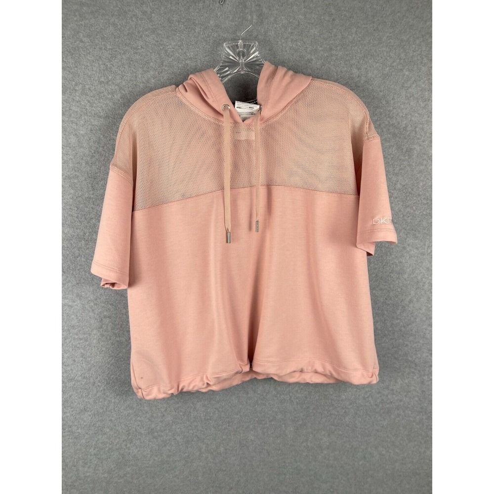 DKNY Sport Cropped Hooded Shirt Womens L Salmon‎ Pink Short Sleeve Mesh